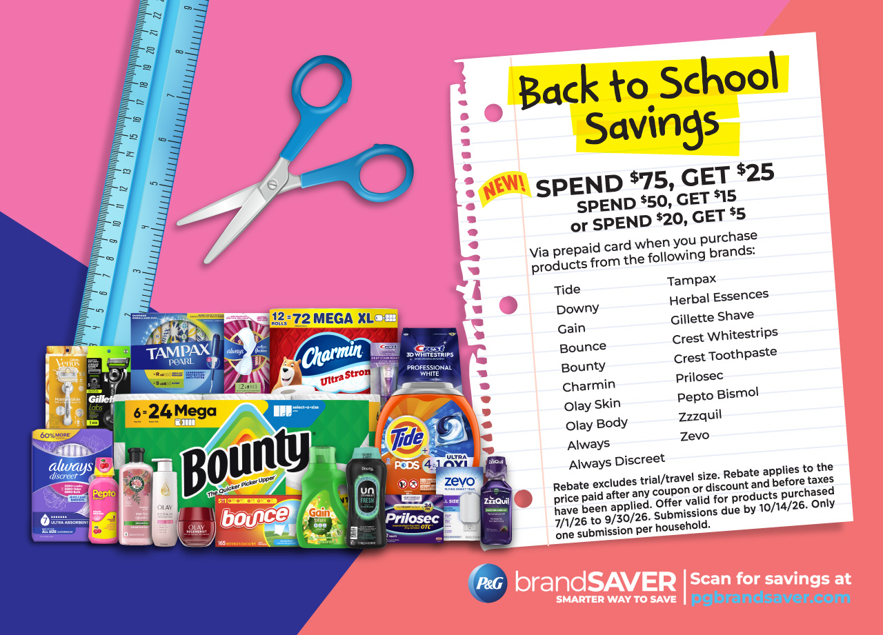 Back to School Savings. Spend $75, get $25 (new) or spend $50, get $15, or spend $20, get $5.